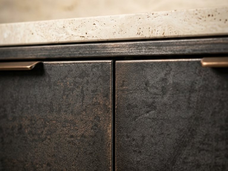 Real iron finish cabinet fronts with integrated handles